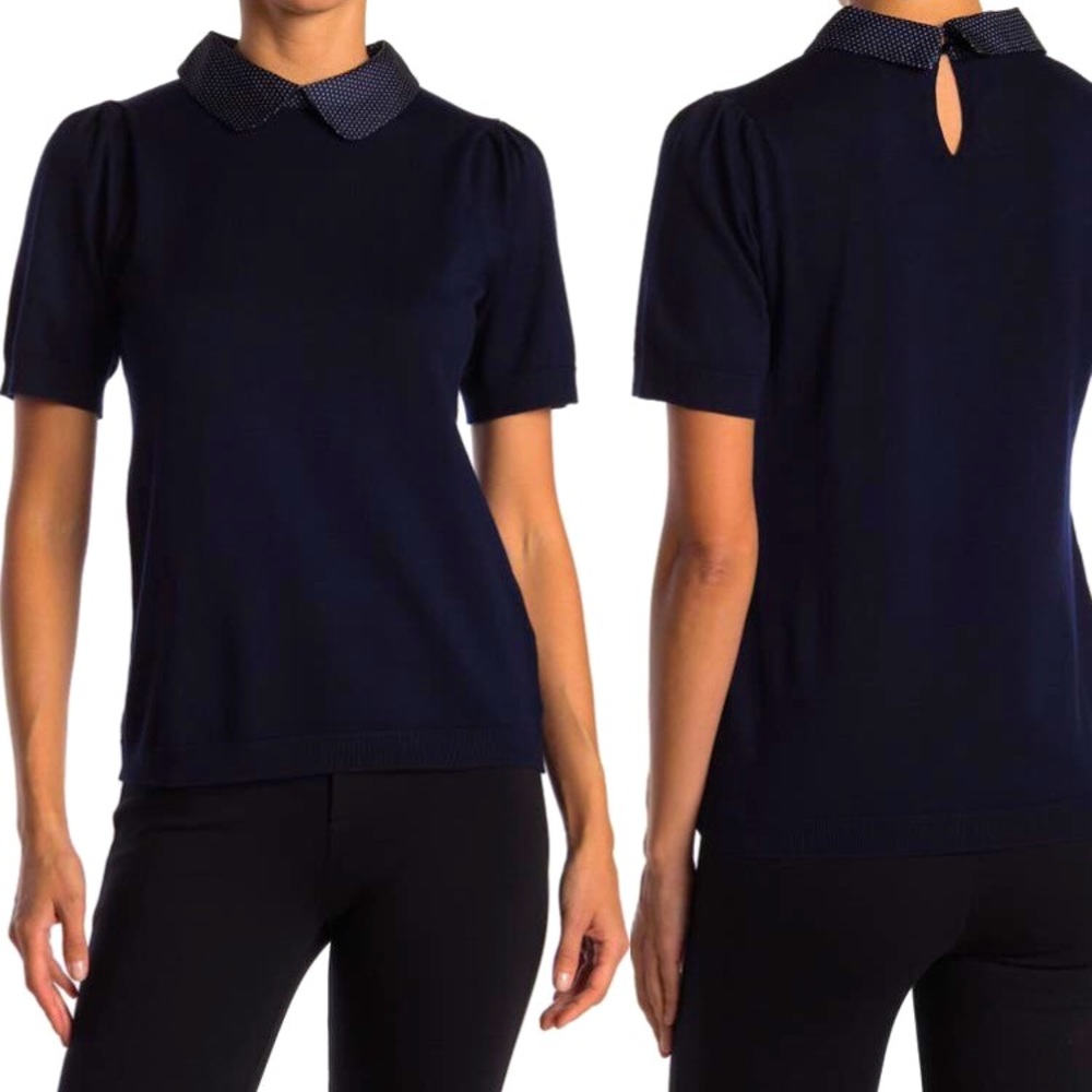 NWT! Adrianna Papell Satin Collar Short Sleeve Sweater in Navy, Medium.